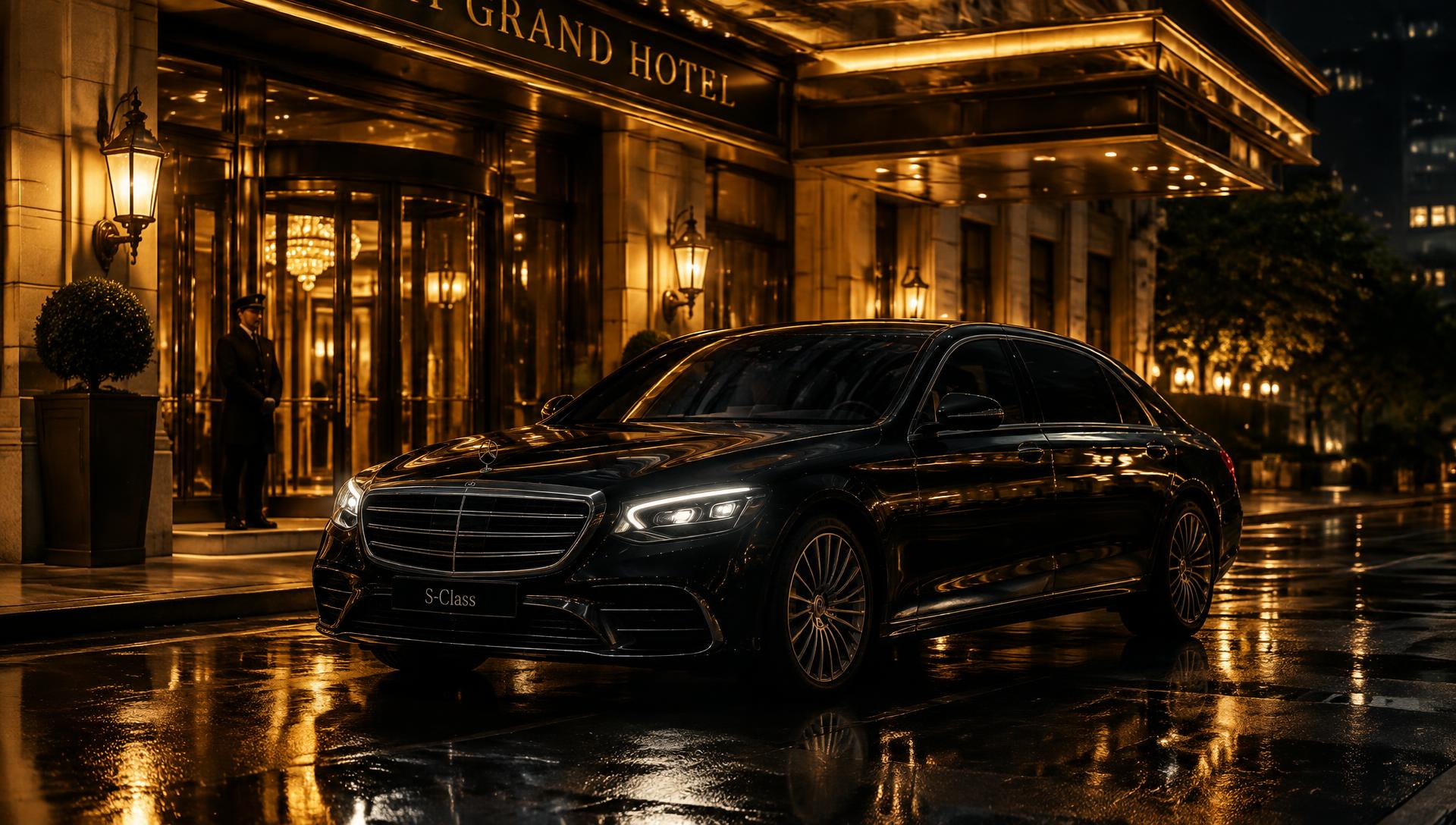 Black luxury limousine outside a grand hotel at night